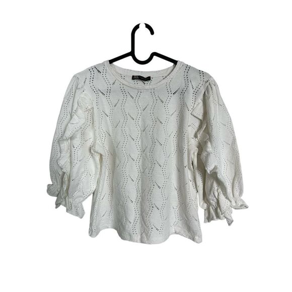 Zara EUC Openwork Eyelet Ruffle Sleeves Top White Size - Picture 1 of 8